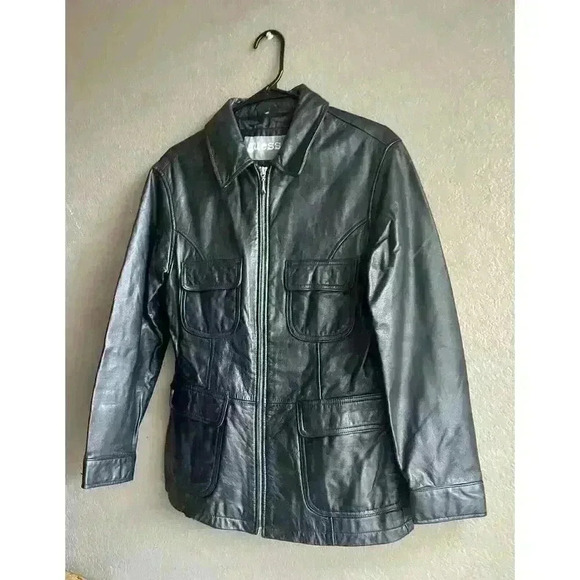 EUC GUESS Black Real Leather Jacket Motorcycle Winter Coat Size M - Picture 3 of 8